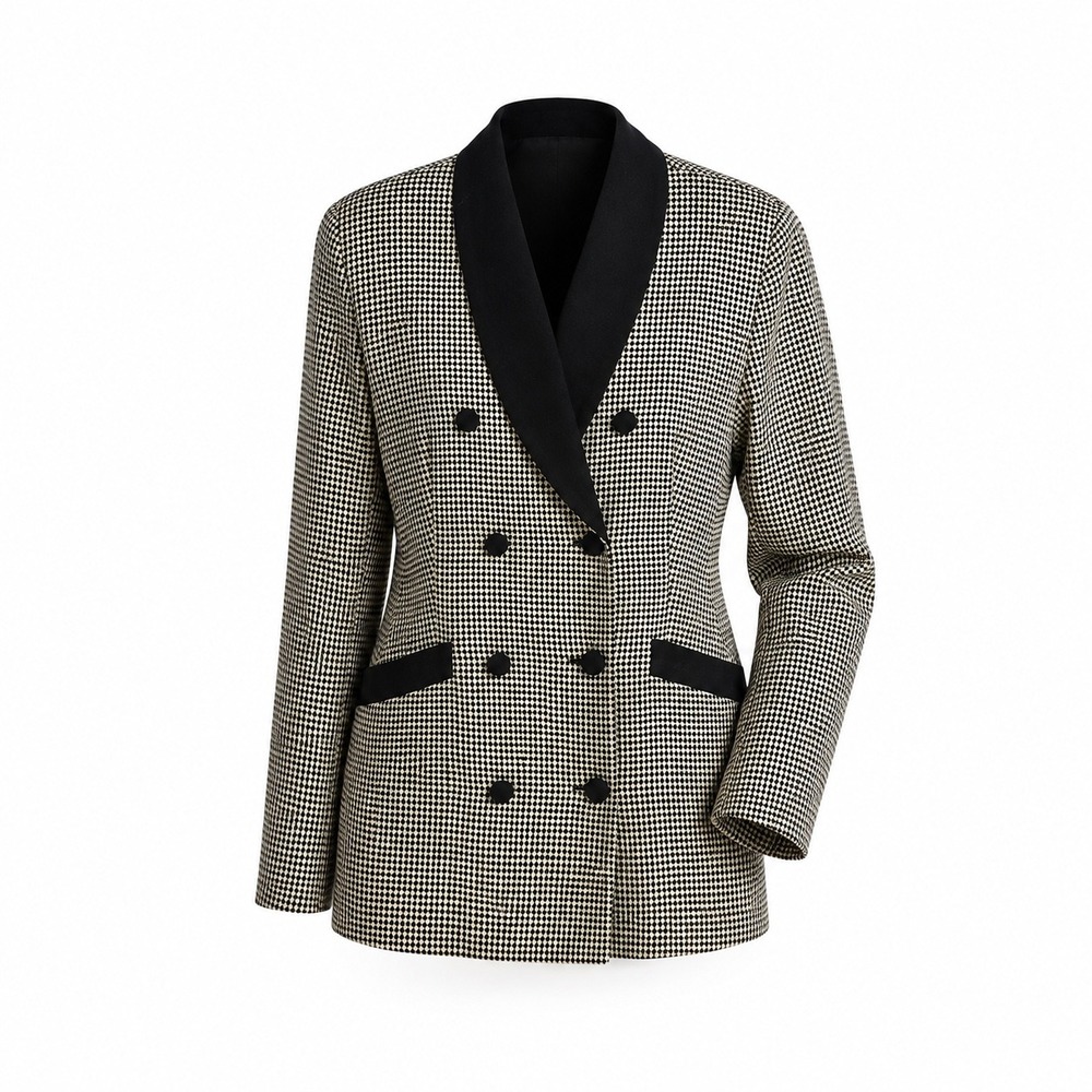 Jessica Ash Blazer 6 Black White Diamond Check Shawl Collar 80s Vintage Suit